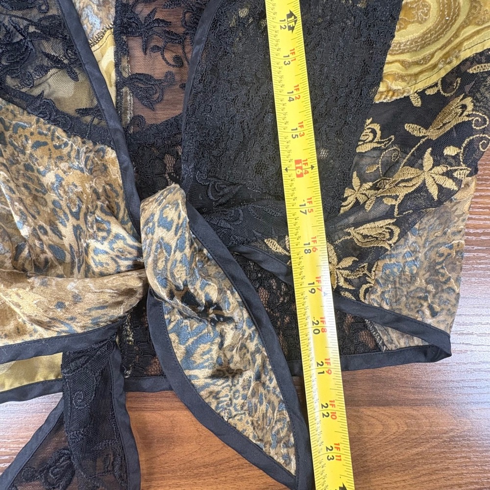 Chicos Patchwork Lace Leopard Paisley Tie Front Kimono Top Sheer Gold Black M - Picture 9 of 9